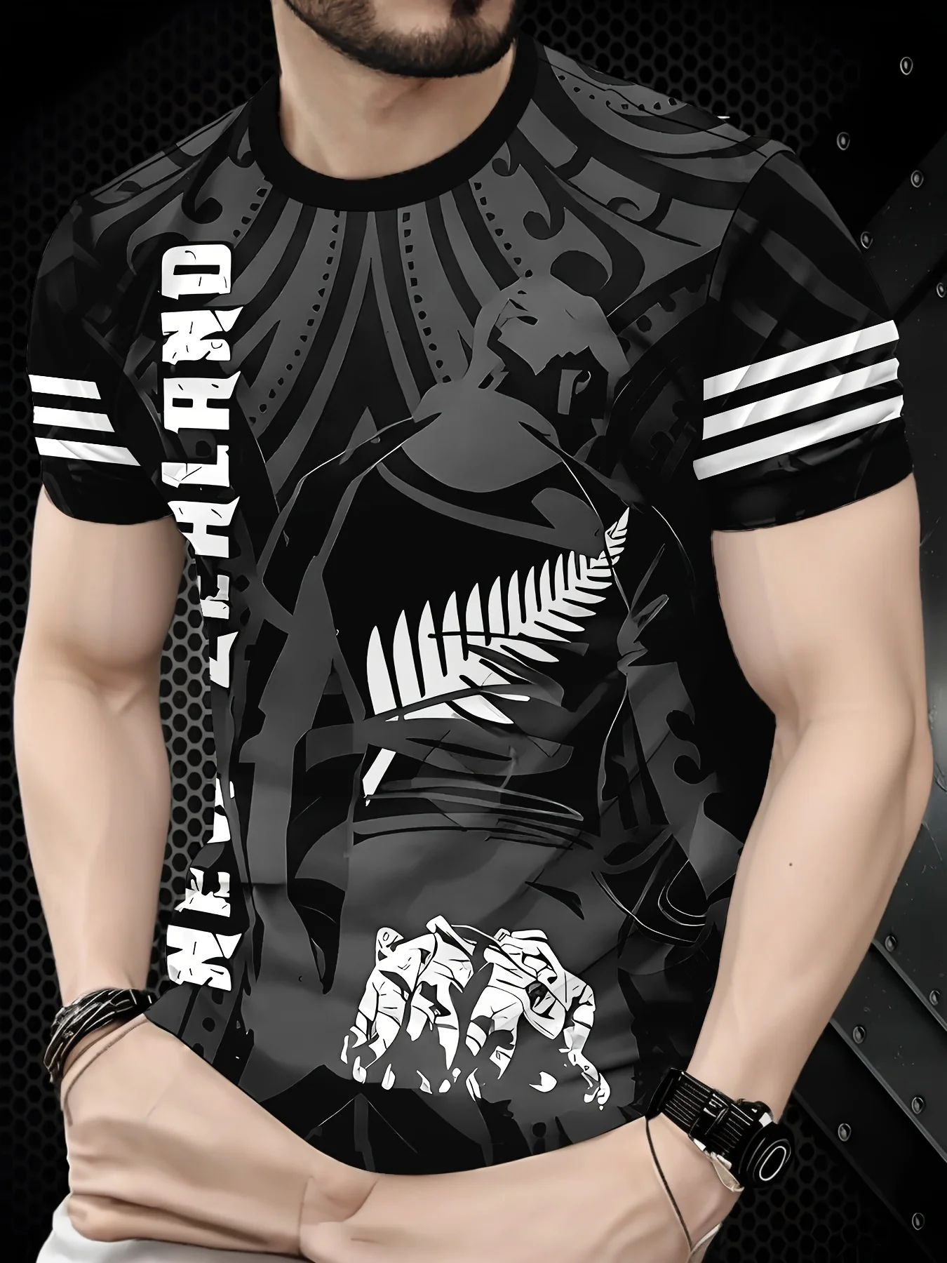 Men's New Zealand Maori Tribal T-Shirt Silver Fern Rugby Graphic Crew Neck Short Sleeve Patriotic Top