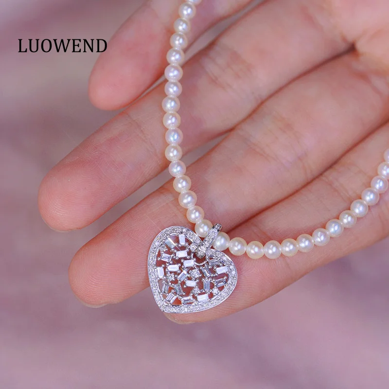 LUOWEND 18K White Gold Necklace Pearl Chain Heart Shape 0.45carat Real Natural Diamond Necklace for Women High Wedding Jewelry