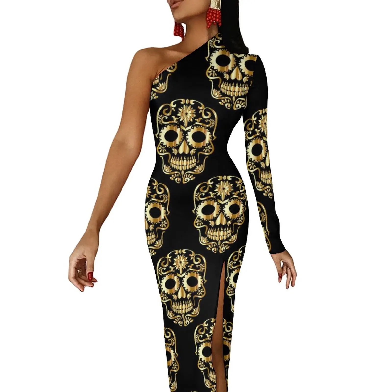 Złota sukienka z czaszką w kształcie cukru Wiosna Abstrakcyjne czaszki Eleganckie długie sukienki z rozcięciem z boku Sukienka na jedno ramię z nadrukiem