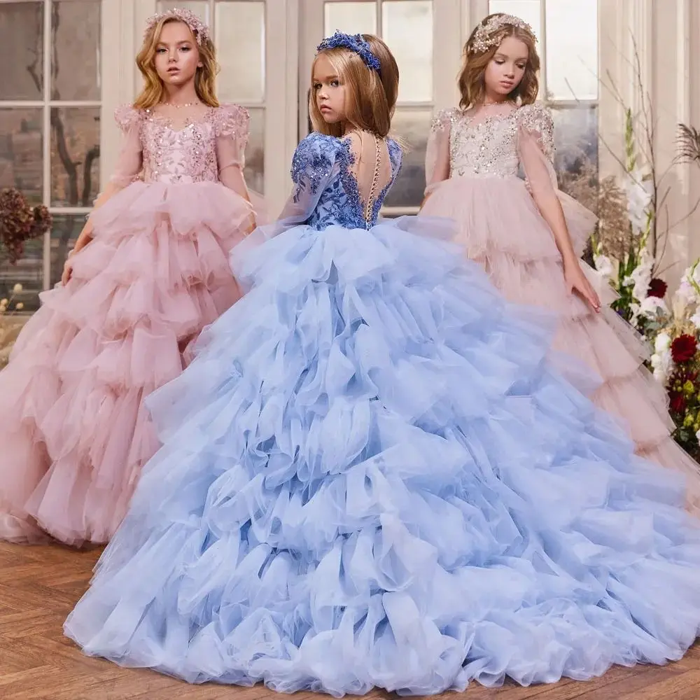 Customized Flower Girls Dress 2023 Baby Blue Ruffles Tiered Ball Gown Kids Princess Child Pageant Formal Occasion Dress YFD66