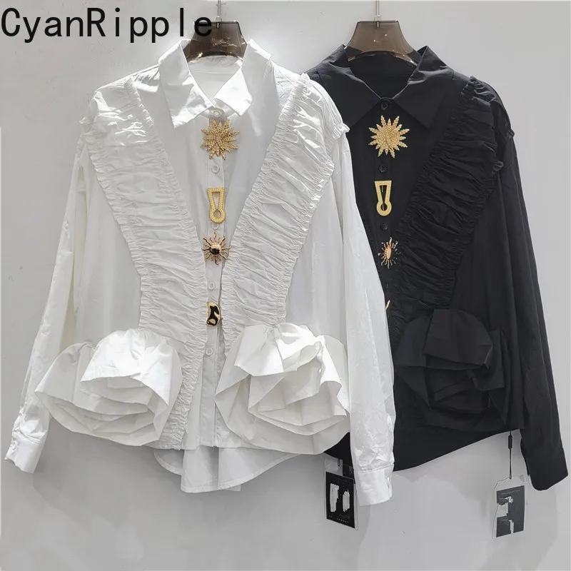 

Fashion Lady New Spring Autumn Long Sleeve Blouses Elegant Turn-down Collar Fold Ruffles Metal Decoration Casual Women Shirt Top