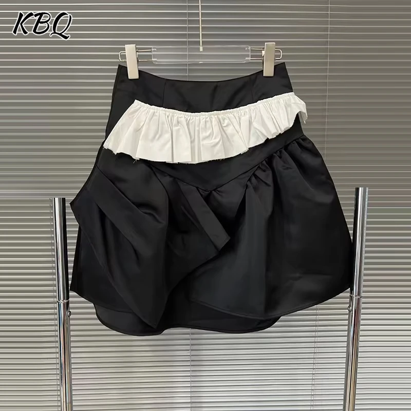 KBQ Hit Color Loose Design Sense Casaul Skirt For Women High Waist Chic Minimalist Spliced Folds Skirts Female Fashion Style New