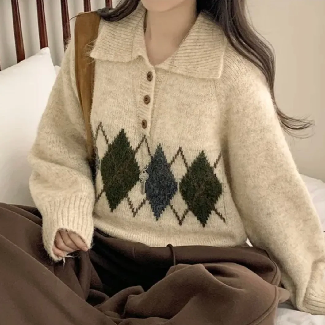 Chic autunno inverno maglione lavorato a maglia donna allentato college pigro Sle fiore antung f colletto rovesciato aperto caldo termico fuori...