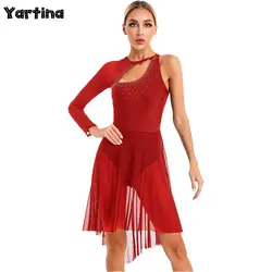 Women Ballet Lyrical Dance Dress One Shoulder Contemporary Modern Dance Costume Gymnatics Leotards Mesh Ballerina Tutu Dress