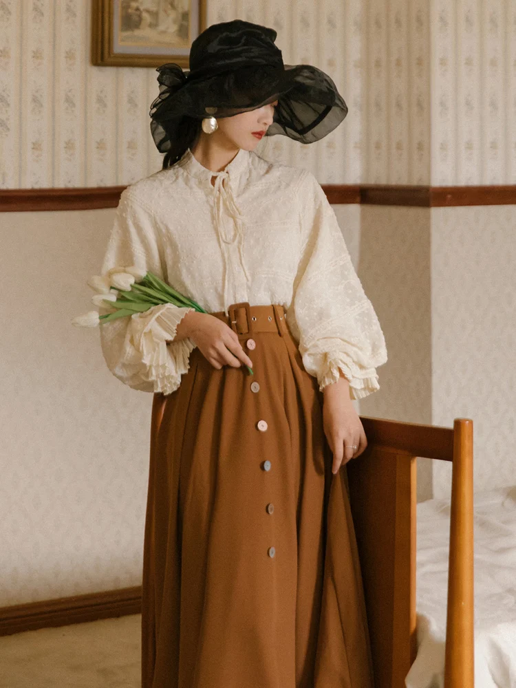 French Fashion Two Piece Skirt Set Women Spring Autumn Shirt and Long Skirts With Belt Outfits