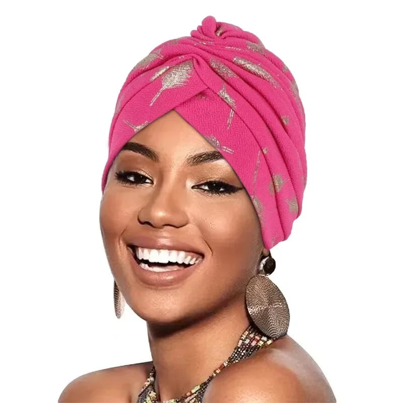 African Wrap Head Bonnet Muslim Under Scarf Hat Turbante Mujer Feather Gold Stamping Fabric Turban Cap for Women