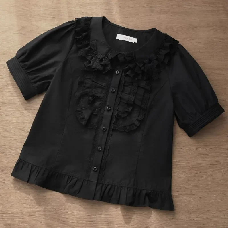Blusas de encaje Kawaii con cuello Peter Pan para Mujer, camisas estilo victoriano Vintage de estilo Lolita, Blusas japonesas elegantes con mangas abullonadas para Mujer
