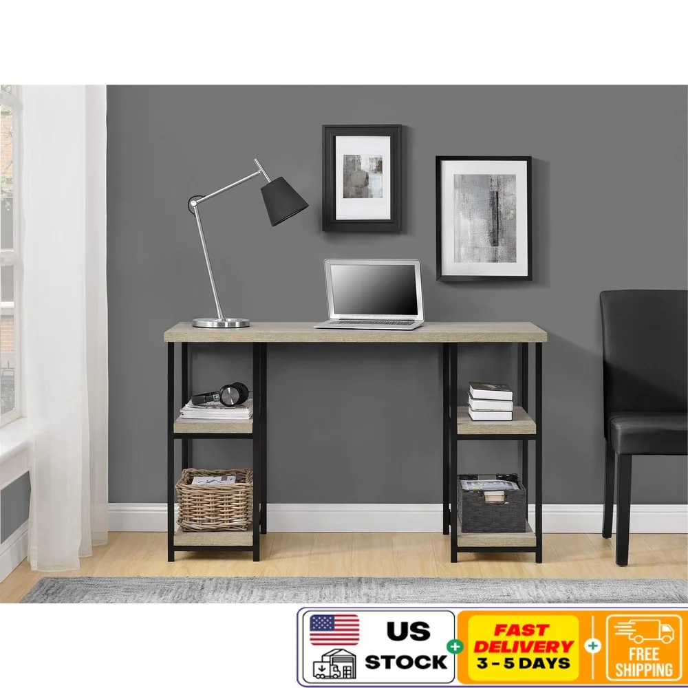 

Double Pedestal Computer Desk with Open Shelves Modern Stylish Office Desk Home Dorm Room Laminated Wood Metal Frame