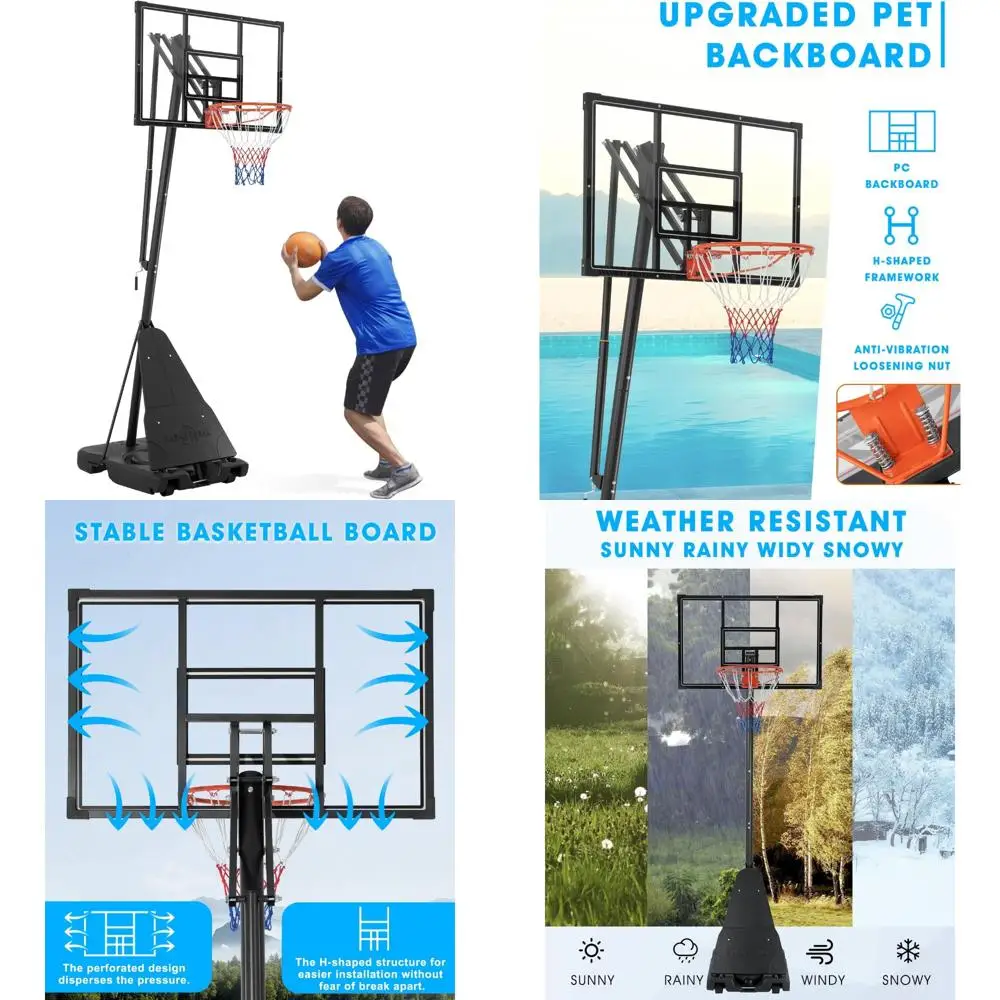 

adjustable outdoor basketball hoop for kids and adults, 6.9ft to 10ft, portable and sturdy pe/ba material, suitable for indoor a