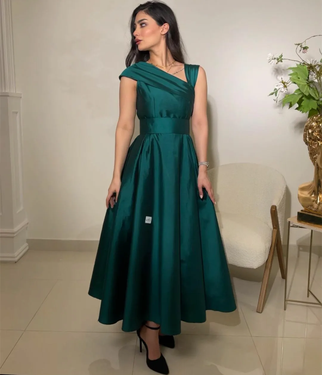 Retro Short Green Taffeta Evening Dresses With Pockets A-Line One Shoulder Ankle Length Wedding Guest Dress Prom Dress for Women