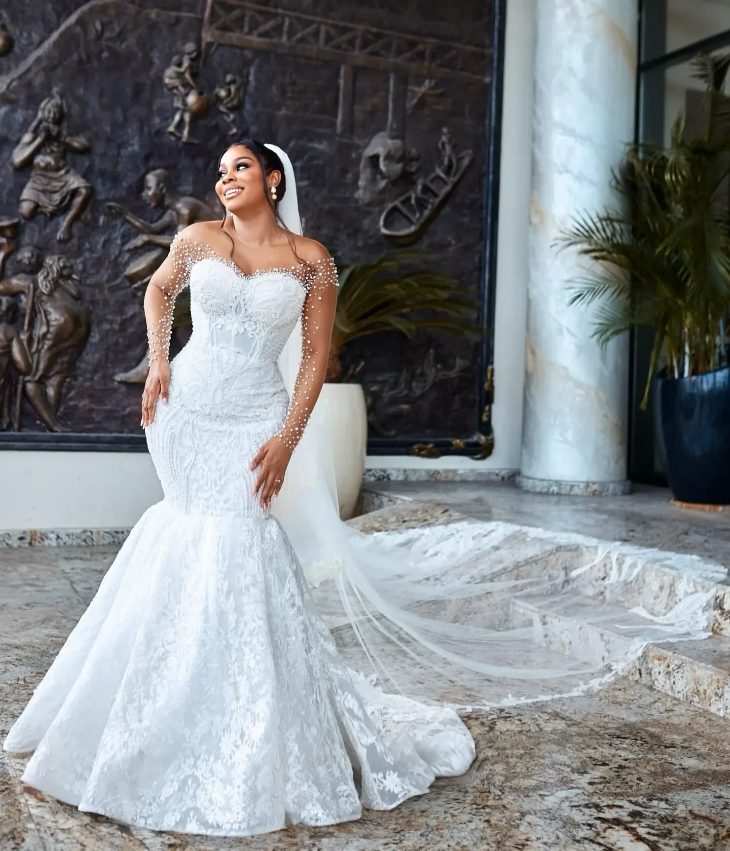 Elegant Sweetheart Mermaid Wedding Dress Off Shoulder Lace Pearl Princess Bridal Dress African Girls Plus Size Bride Dress Custo image 3