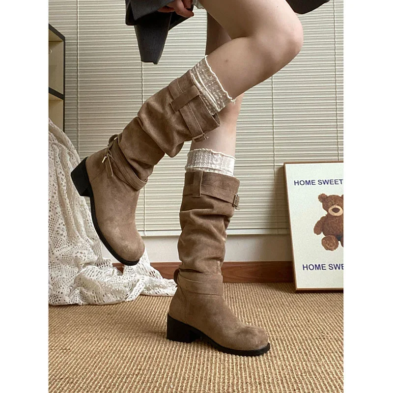 Women Vintage Pile Western Cowboy Boots Spring Autumn Long Boots Women Round Toe Slip on Knee High Casual Platform Botas Mujer