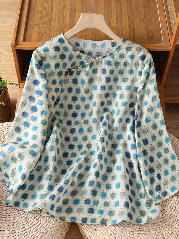 

Retro Flax round Neck Short Loose Women's Shirt Cotton Linen Print Casual Comfortable Summer Top for plus Size Women