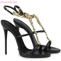 2024 Summer Fashion Women Sandals Black Diamond Thin High Heel Sexy Metal Decoration Leather Open Toe Comfortable  Party Shoes