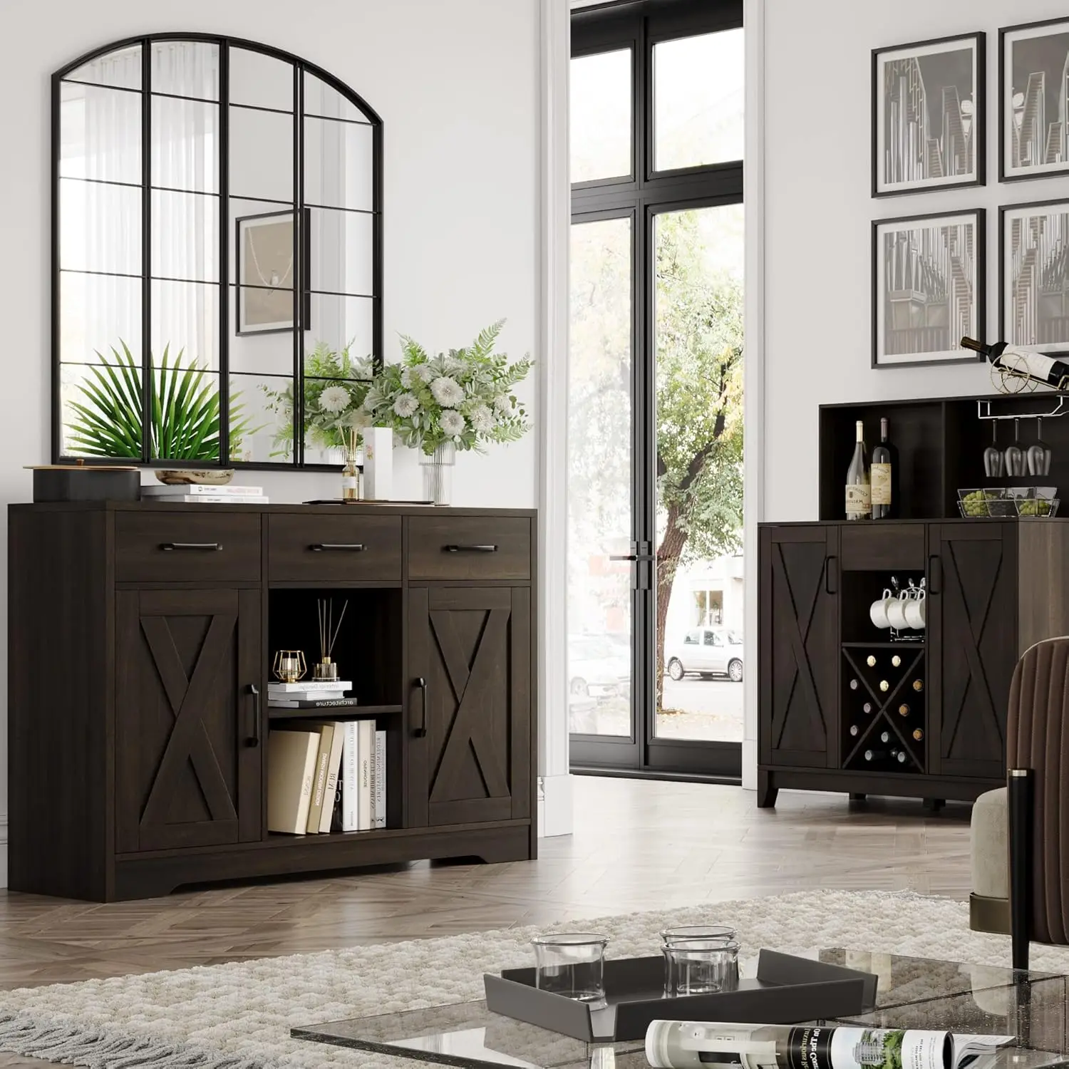 Buffet Storage Cabinet com portas de celeiro, Modern Farmhouse Sideboard, gavetas e prateleiras