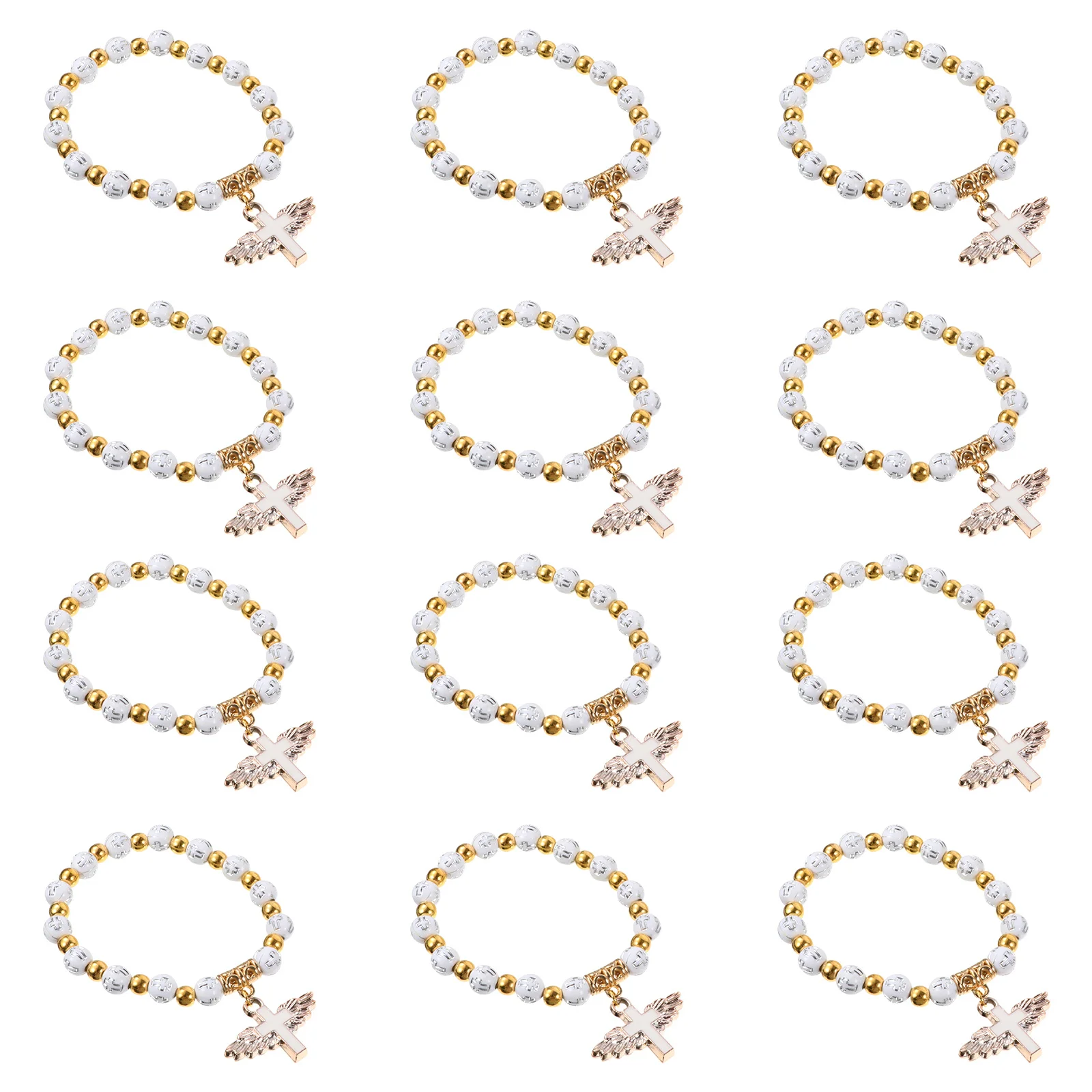

12Pcs Children Baptism Bracelet White Rosary Beads Crucifix Stretch Hand Chains Religious Jewelry Rosary Bracelet