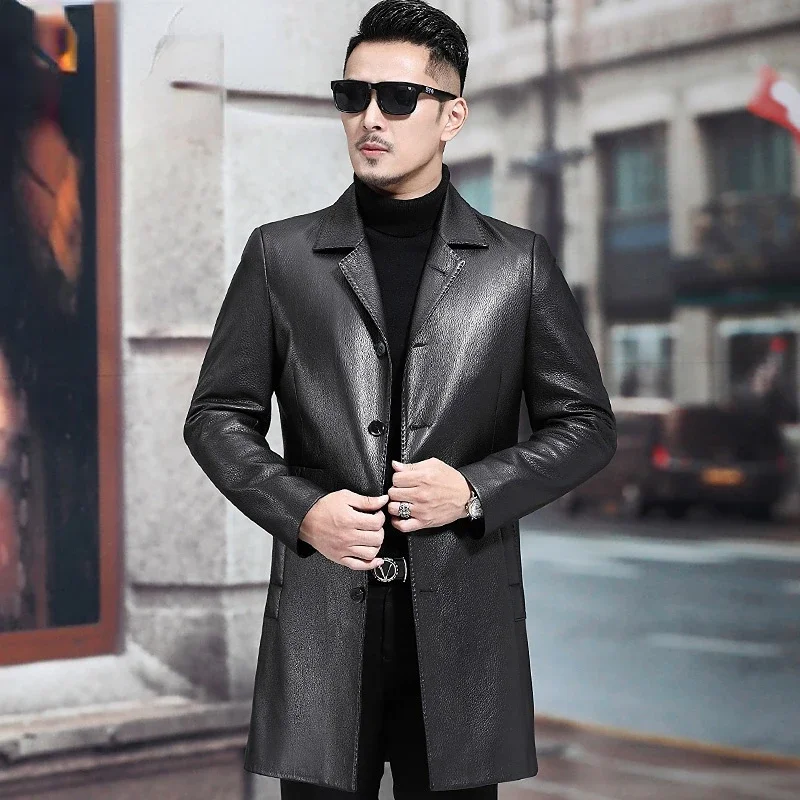 YOLANFAIRY Autumn Winter New Genuine Leather Jacket Men Top Layer Cowhide Coat Long Windbreaker Slim Jaqueta De Couro Masculino