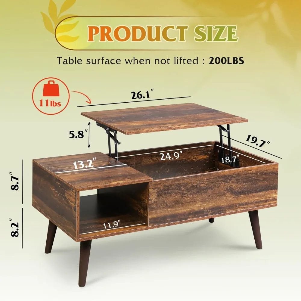Coffee Table, 39" Lift Top Coffee Table with Hidden Compartment, Small Rising Wooden Dining Center Table for Home Living Room