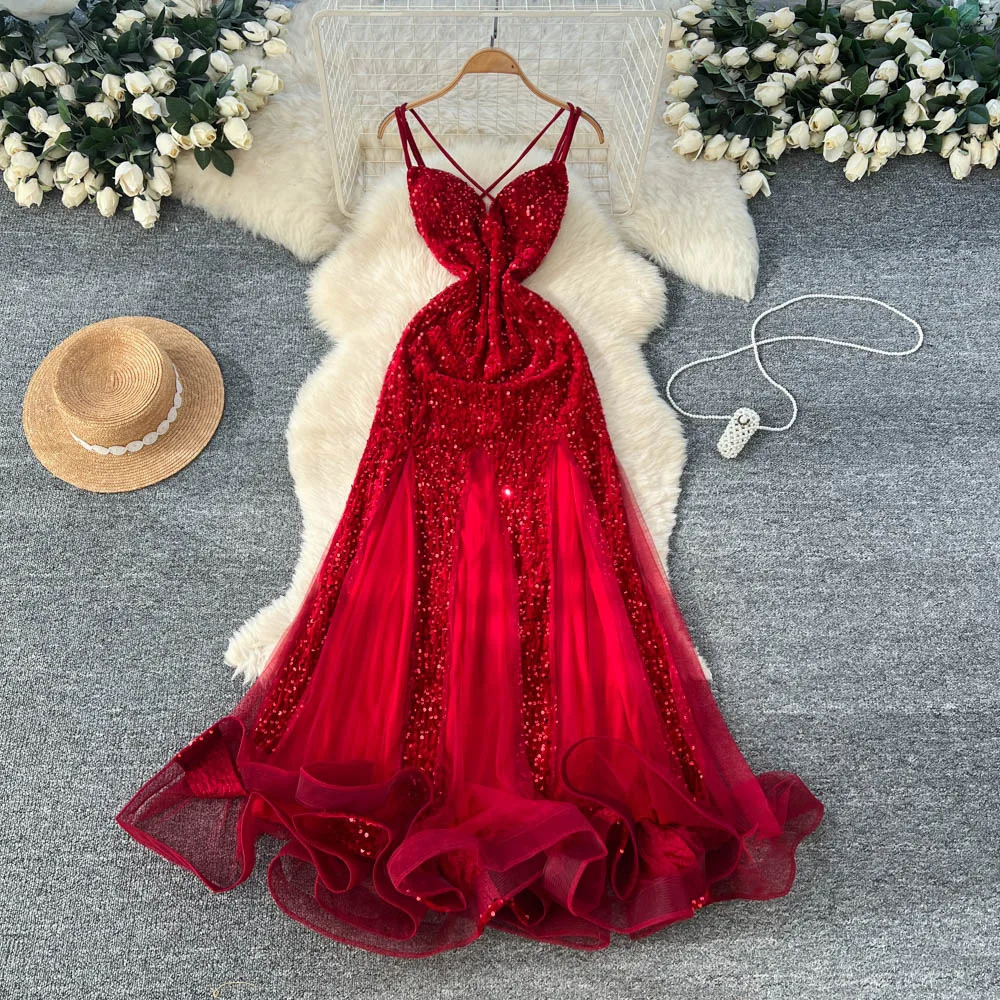 

Women Dresses Sequined Camisole Dress Velvet Mesh Square Collar Ankle Length Sleeveless Empire Cinched Waist Slim 2025 Summer
