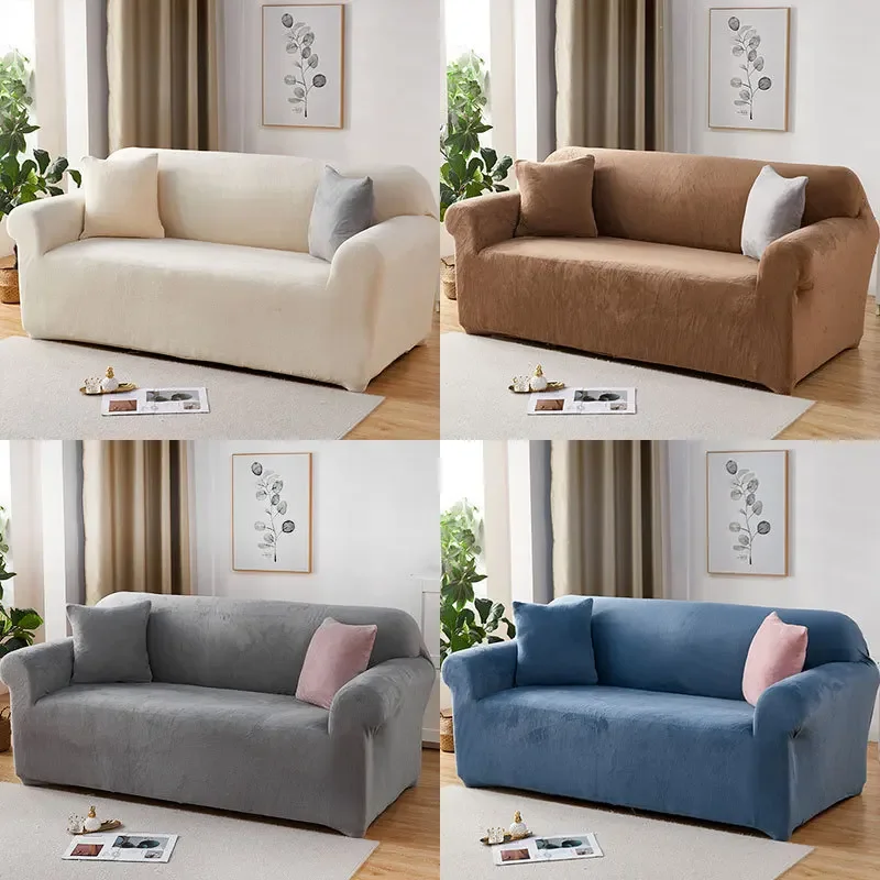 High Elastic Solid Plush Sofa Cover for Winter Thickened Warm Sofa Protector for Living Room All-Inclusive Corner Couch Covers