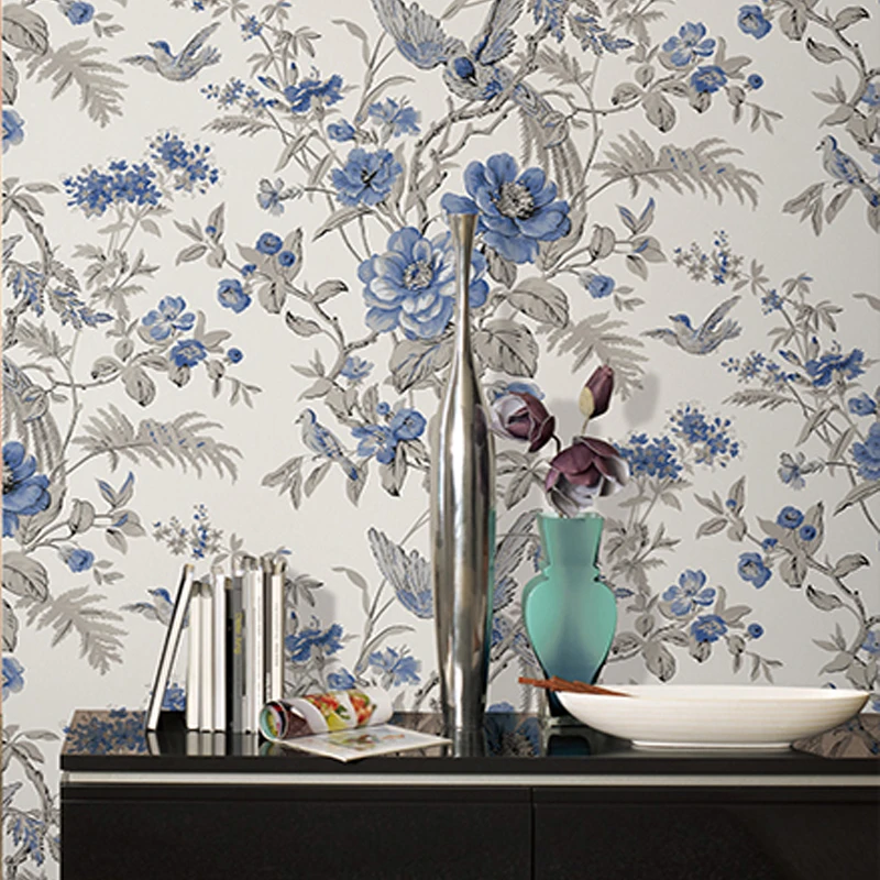 

Luxury Blue Flower and Bird Wallpaper 3d Pastoral Chinese Wallpapers Floral Paper Wallpapers Roll Bedroom Home Decor