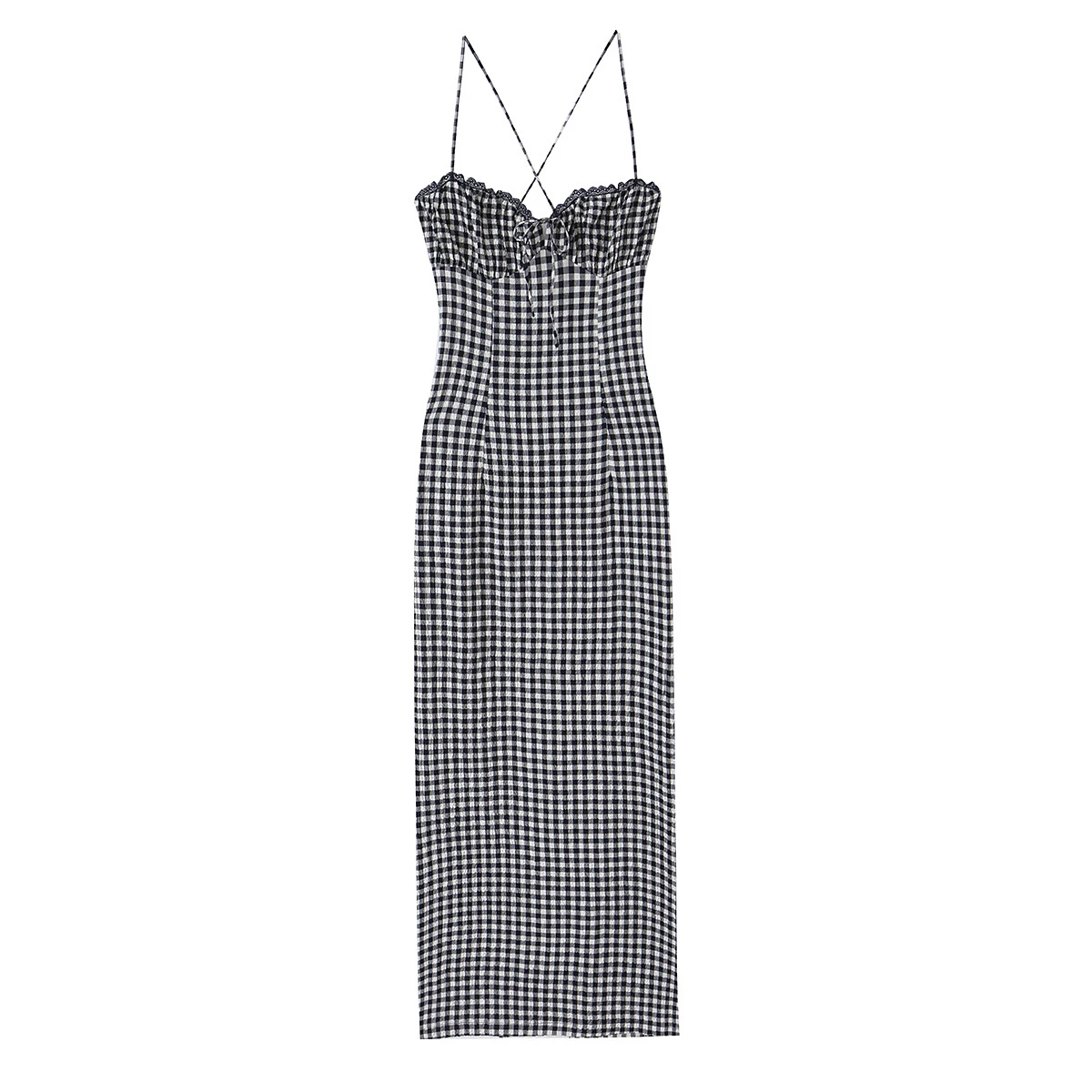 Europäischer und amerikanischer Stil 2026 Sommer Neues vielseitiges Damenkleid mit V-Ausschnitt, schmaler Passform und kleinem Karomuster