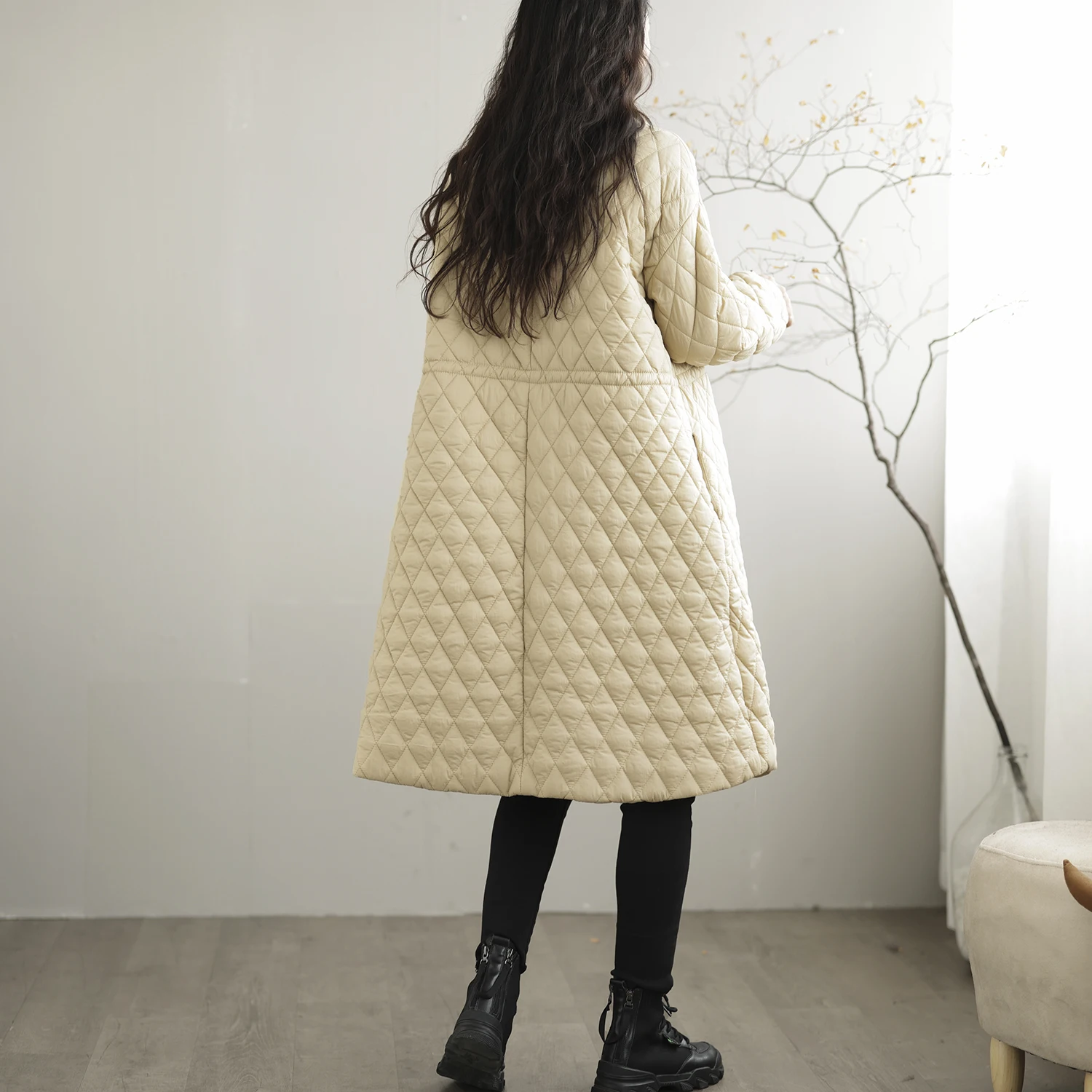 سترة قطنية أنيقة بلون واحد للنساء، معطف طويل متوسط الطول للتنقل اليومي بنمط شبكي ماسي، ملابس خارجية عصرية بتصميم فضفاض وأكمام... #1