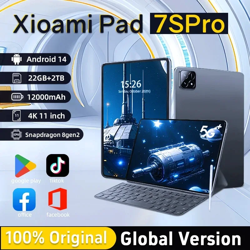 Tablet PC Pad 7S Pro, Tablet Snapdragon 8gen2 Android 14 HD 4K 22GB + 2TB 5G dengan SIM ganda WIFI
