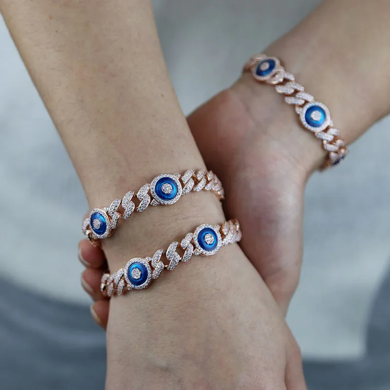 Hip Hop 5A+ CZ Stone Bling Iced Out 9mm Blue Eyes Cuban Chain Bracelet Women And Men Hip Hop Jewlery Rose Gold Color