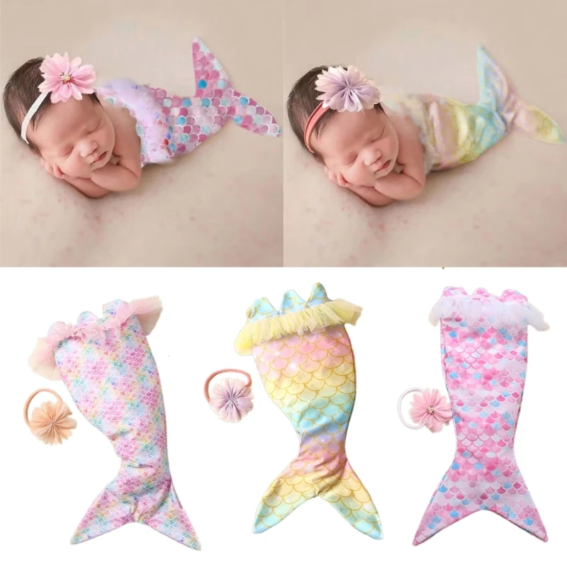 Infant Mermaids Costume Hairband Photoshooting Props Romper Newborn Shower Gift Dropshipping