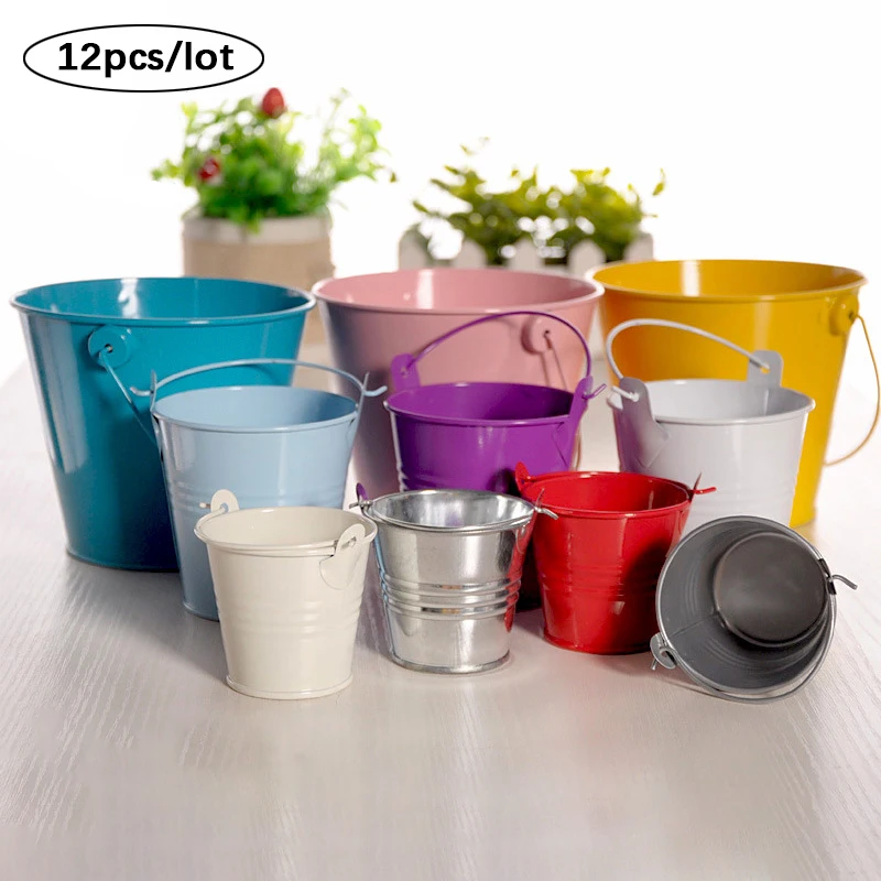 

12pcs/lot Mini Metal Buckets for Party Favor, Tiny Colored Vase Vintage with Handle Metal Pail for Kids, Classroom, Crafts