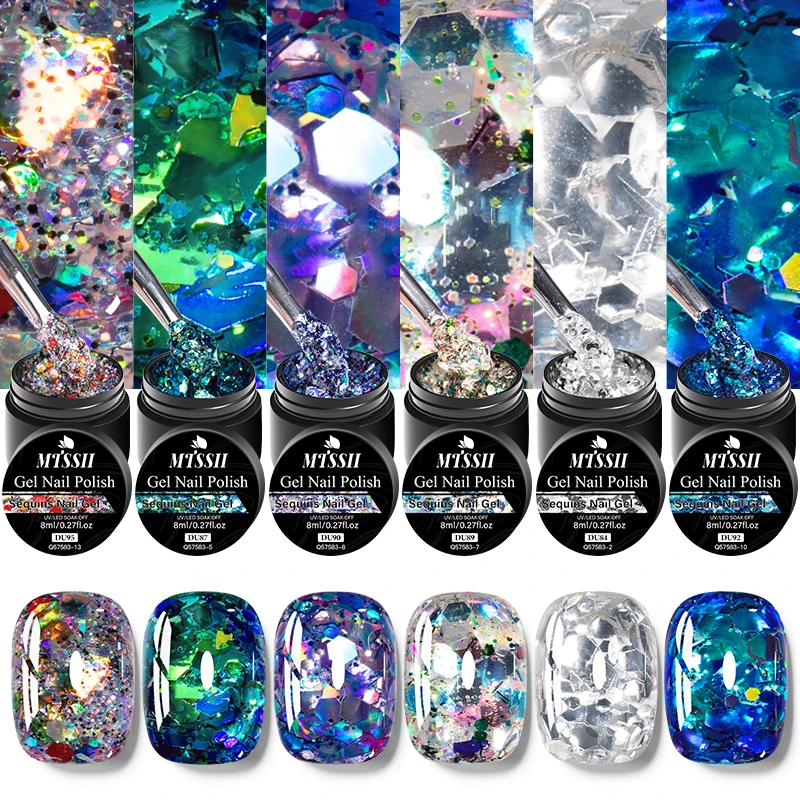 6pcs Glitter Sequins Gel Nail Polish Set Blue Silver Laser Semi Permanent Soak Off UV Gel Varnish Decoration Nail Supplies DIY