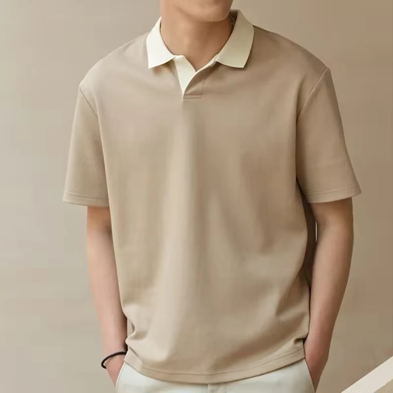 2025 Summer New Fashion Men's Contrast Color Casual Trendy Turn-down Collar Short Sleeve Loose T-shirts Male Undershirts Tops