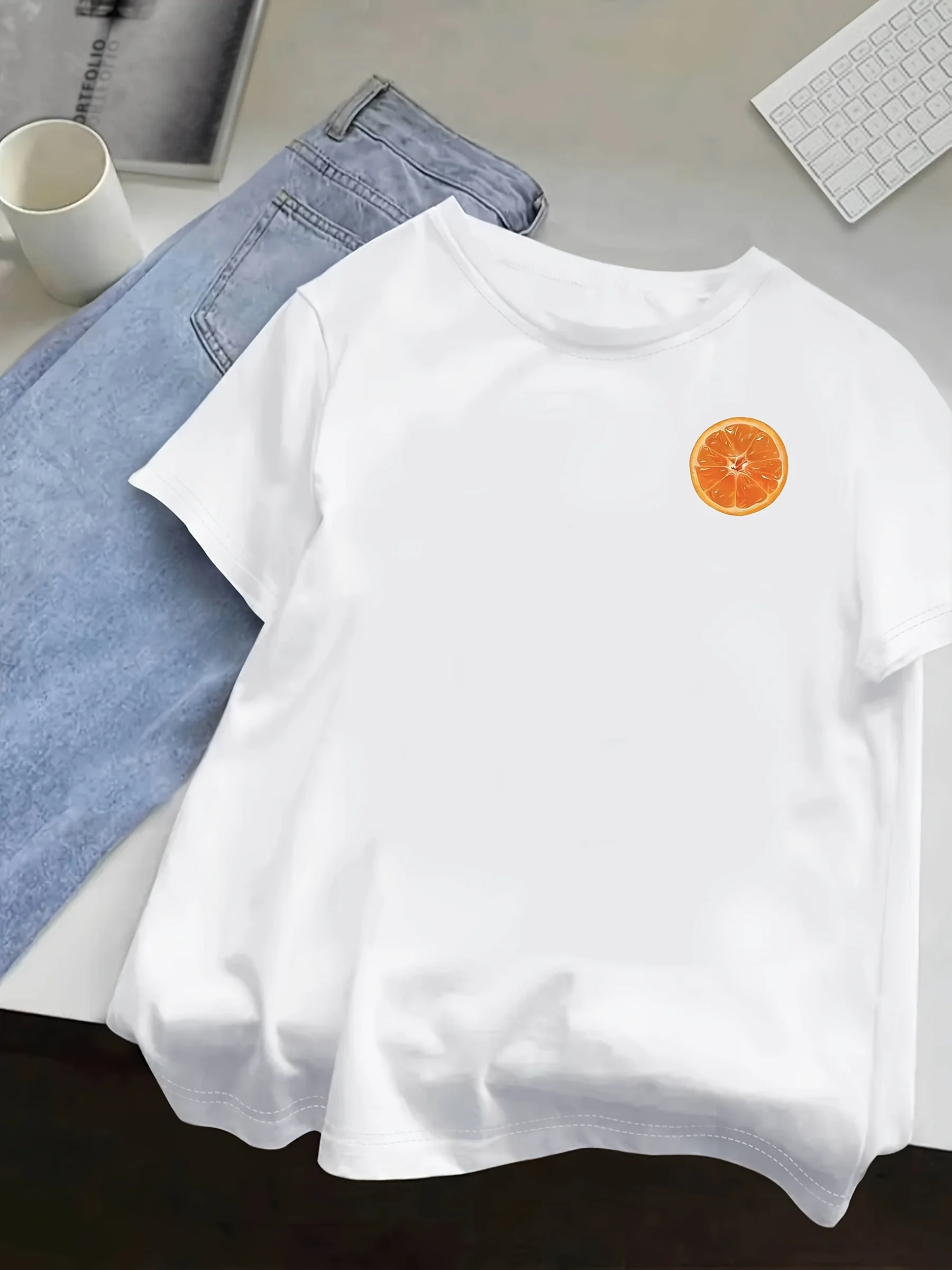 Women'S Casual Short Sleeve Chest Bright Orange Fruit Print Crew Neck Multiple Colors Harajuku Sleeve Casual Aesthetic Clothes