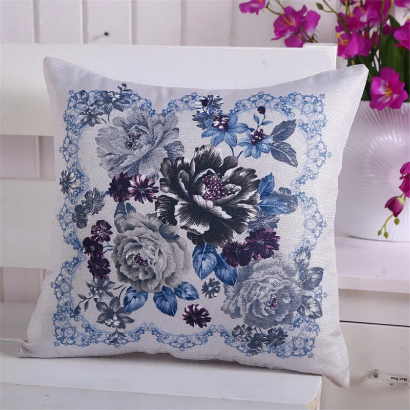 45x45cm Bamboo Linen Vintage Peony Flower Pillowcase Sofa Seat Cushion Cover Home Decoration