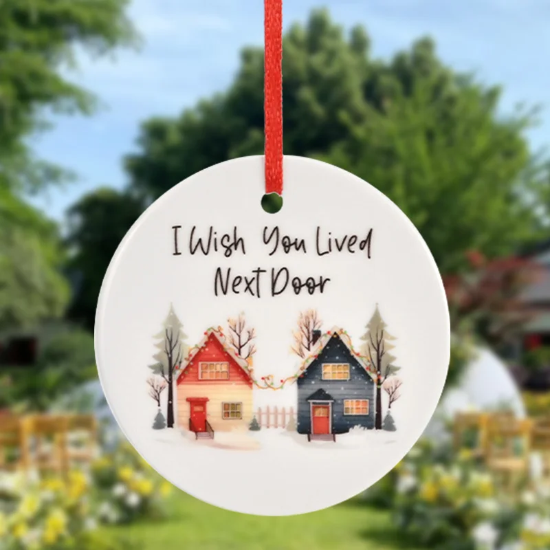 قطعة واحدة، قلادة سيراميك مستديرة، قلادة بنمط المنزل، قلادة تزيين شجرة عيد الميلاد DIY، 3 بوصات، مناسبة لمشاهد الحفلات