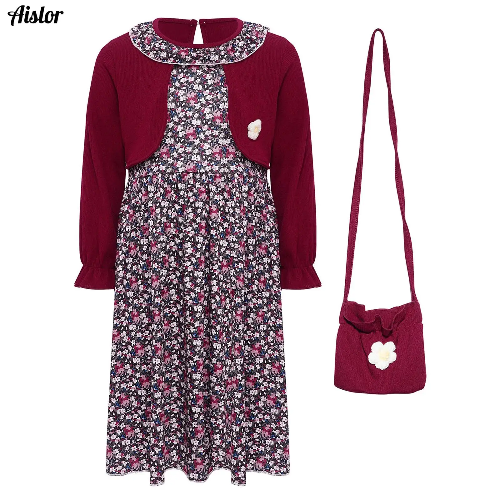 

Kids Girls Dress Spring Autumn Ruffled Collar Long Puff Sleeves Color Block Patchwork Floral Dress with Bag for Birthday Party