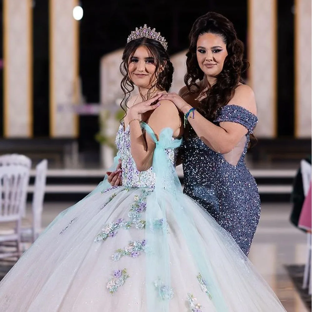 

Quinceanera Dresses Off the Shoulder Lace Applique Beaded Crystals Tulle Custom Made Prom Ball Gown Sweet 16 Princess