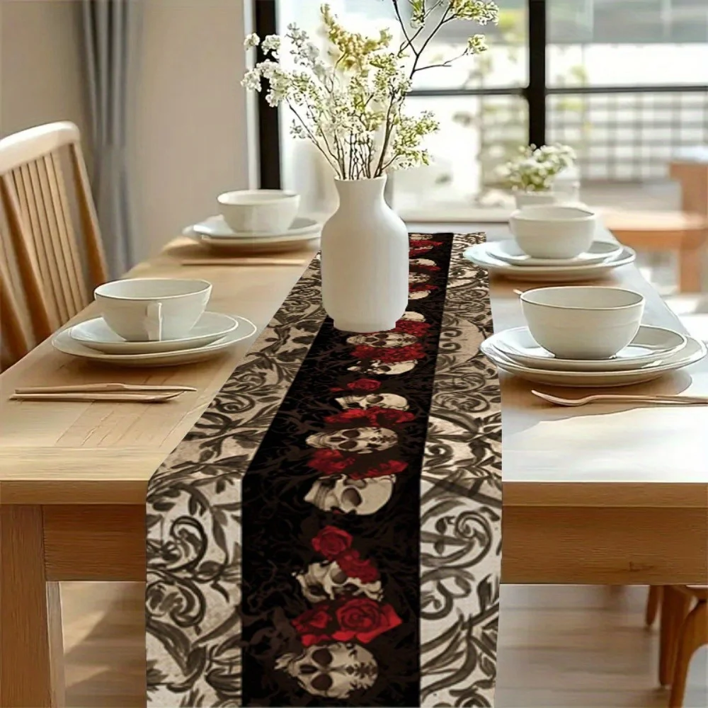 1 Piece of Halloween Themed Table Runner, Skull and Red Rose, Suitable for Parties, Restaurants, Homes, Markets, and Holiday Decoration Scenes.