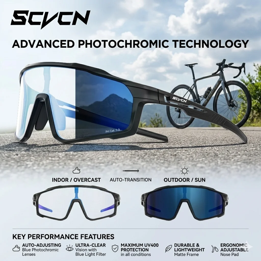 

SCVCN Photochromic Hiking Eyewear Camping Cycling Glasses Fashion Luxury Sunglasses for Men Women Golf Bike Goggles MTB Bicycle