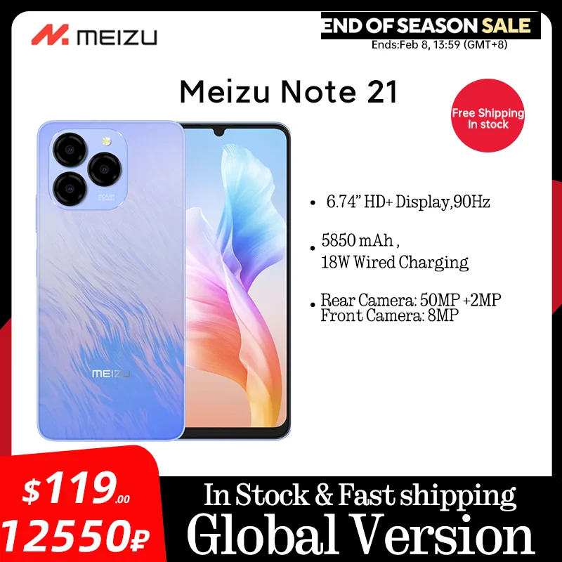 Смартфон Meizu Note 21 4G, 4 ГБ/256 ГБ, 6000 мАч, большой аккумулятор, тройная камера 50 МП