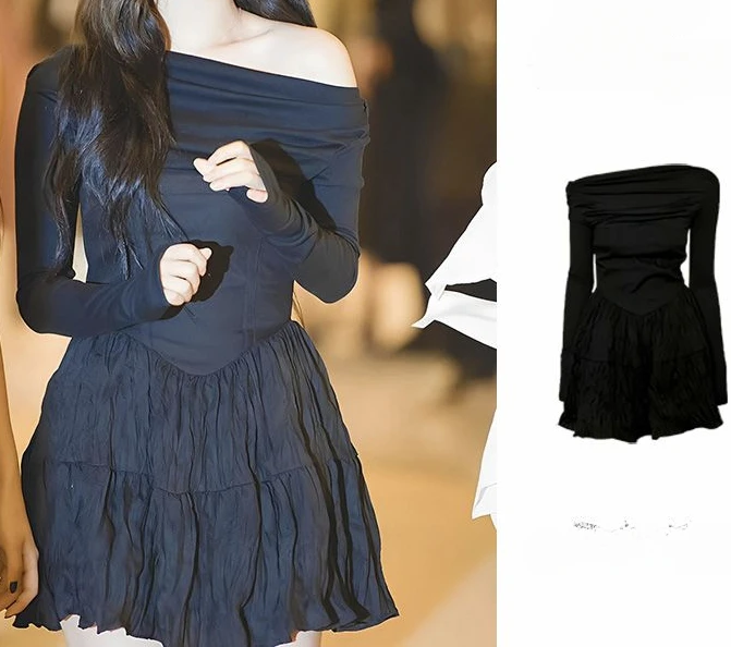 

Korean Designer Slanted Off Shoulder Black Dress The Spice Girls Slim Fit Fashion Streetwear Mini Bodycon Dress Vestidos Mujer