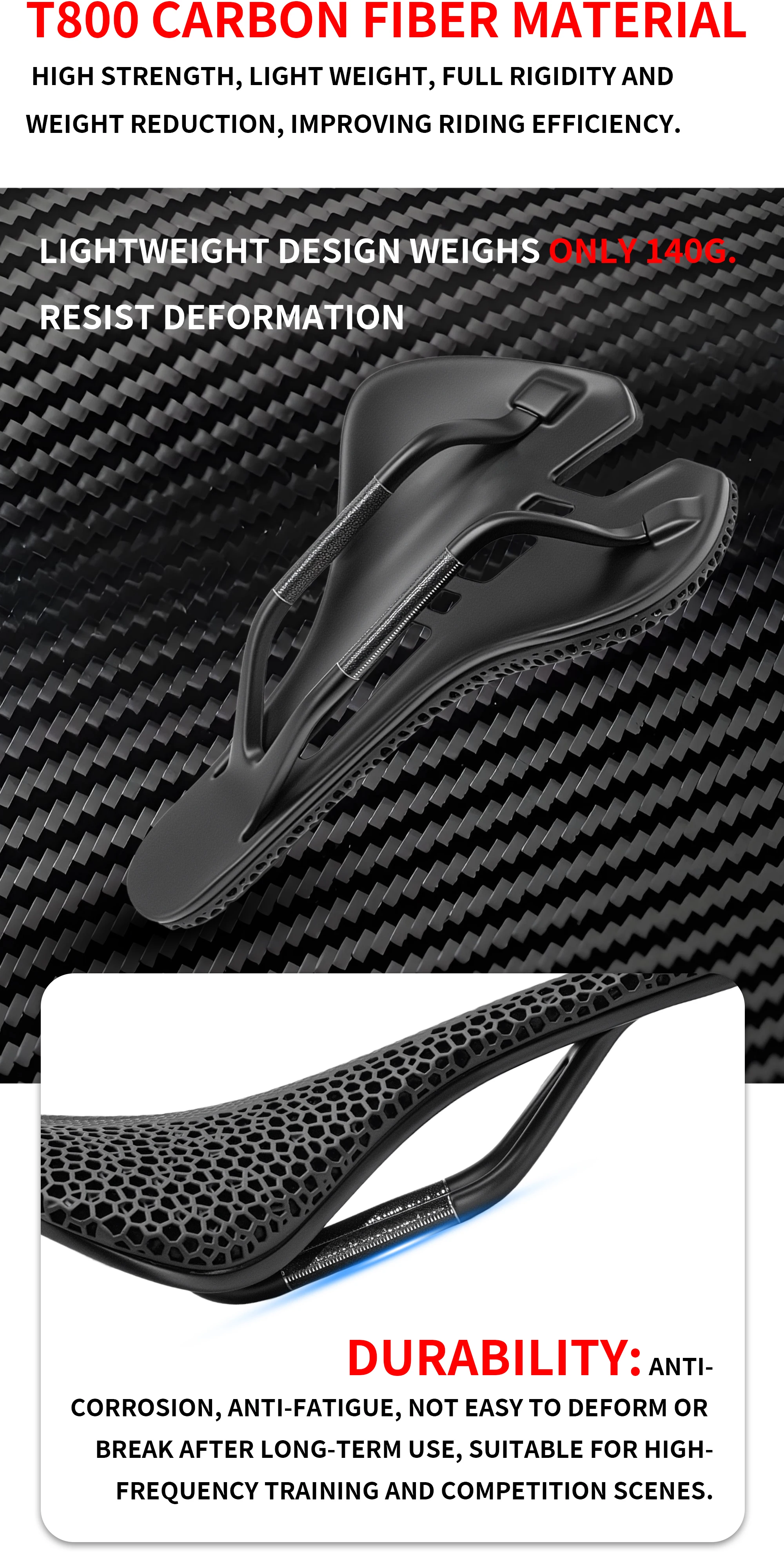 Plselis, 3D-Druck-Sattel, Ultraleichtes Carbonfaser, 170g Leicht, Ergonomisch Gestaltet, Hohl und Atmungsaktiv. – Detail 5