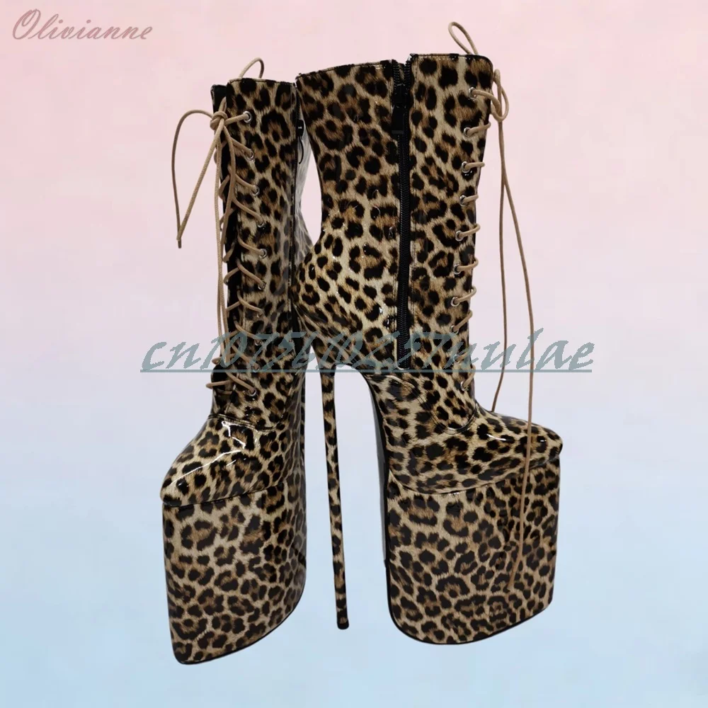 

Sexy Leopard Print Front Lace-up Mid Calf Boots Pointy Platform 30cm Stiletto High Heel Women Shoes 2026 Women Dance Shoes