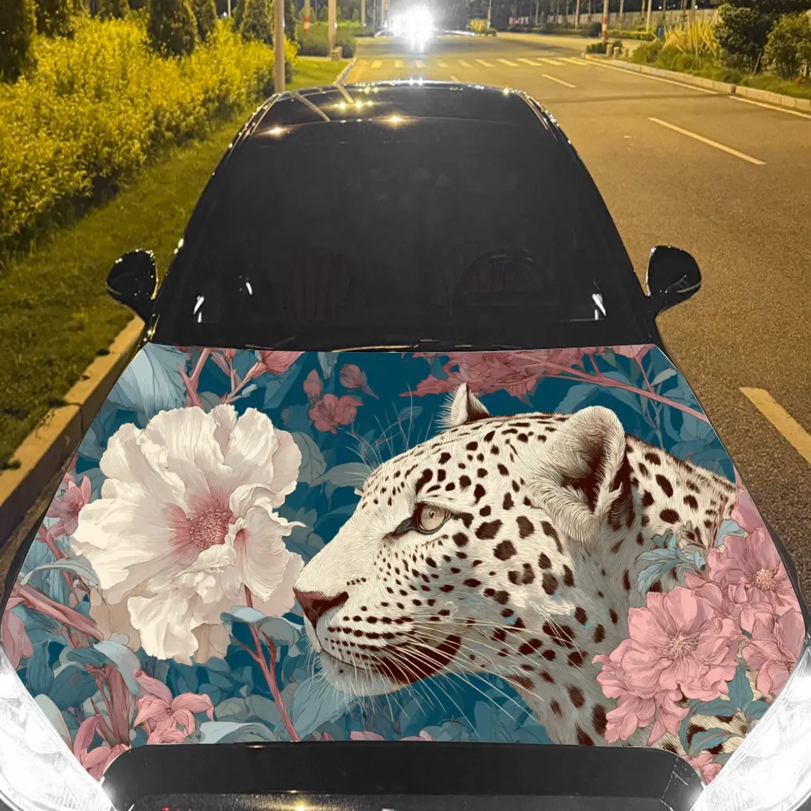 

Car Decal Snow Leopard with Pink & White Floral & Teal Artistic Background & Ferocious-Floral Fusion Aesthetic Car Hood Sticker,