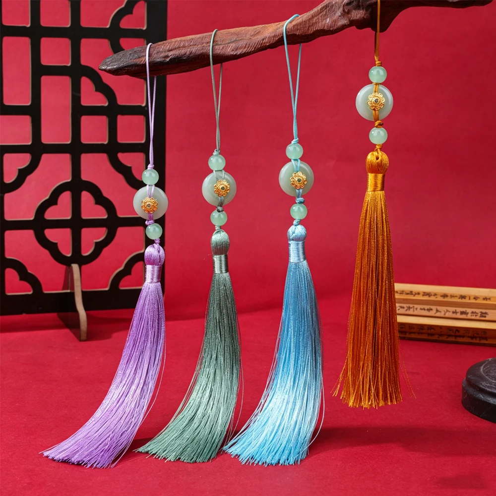 12.5cm Green Jade Safety Buckle Tassel, Flower Cap Chinese Knot Tassel for DIY Craft, Clothing, Bag & Car Decor