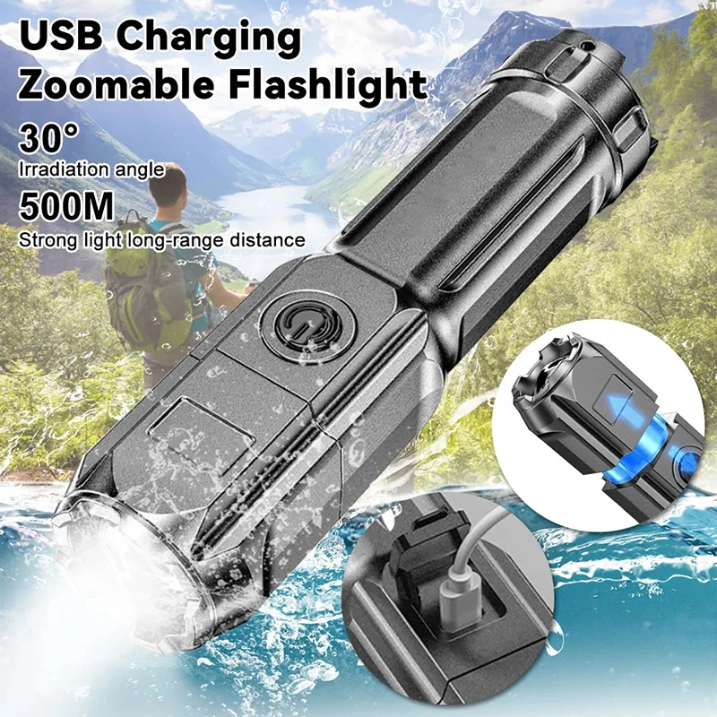 Powerful LED Flashlight USB Rechargeable Torch Portable Zoomable Camping Light 3 Lighting Modes For Outdoor Hiking Emergency