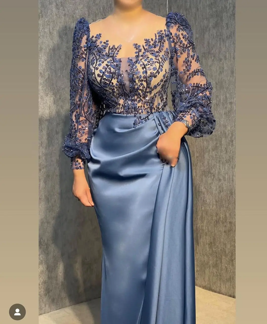 FATAPAESE Elegant Azure Blue color Evening Dress Illusion Neckline Full Sleeve Silky Satin Skirt Special Occasion Gown