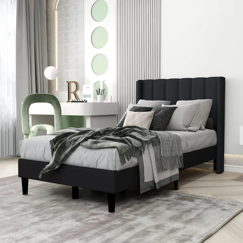 

Upholstered Bed Frame Twin with Wingback Headboard/No Box Spring Needed/Wooden Slat Support