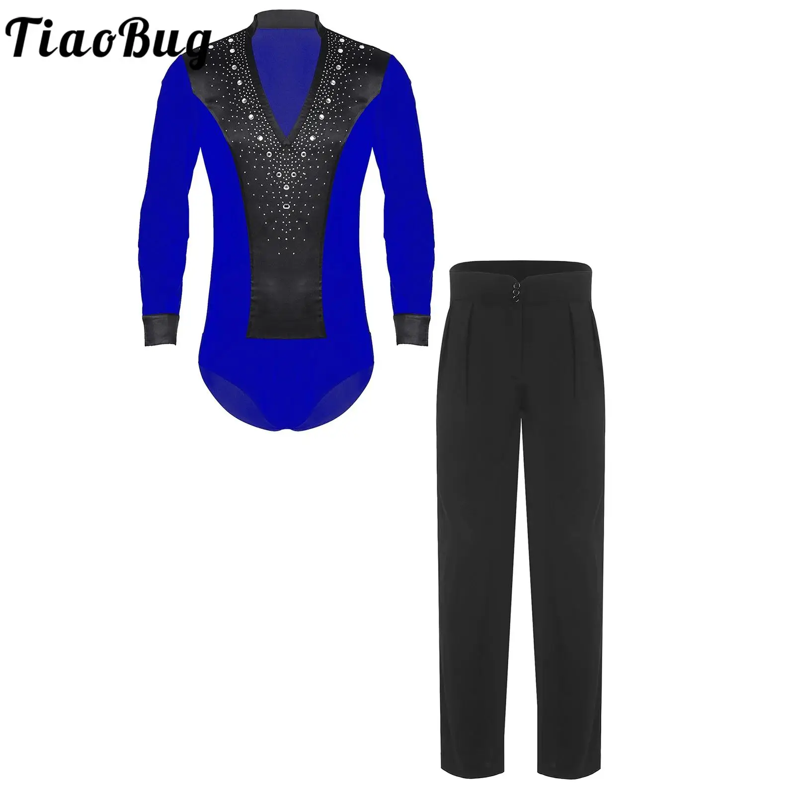 

Men Latin Chacha Dance Outfits Jazz Ballroom Performance Sets Long Sleeve Rhinestones Bodysuit and Pants for Tango Ballet Dance